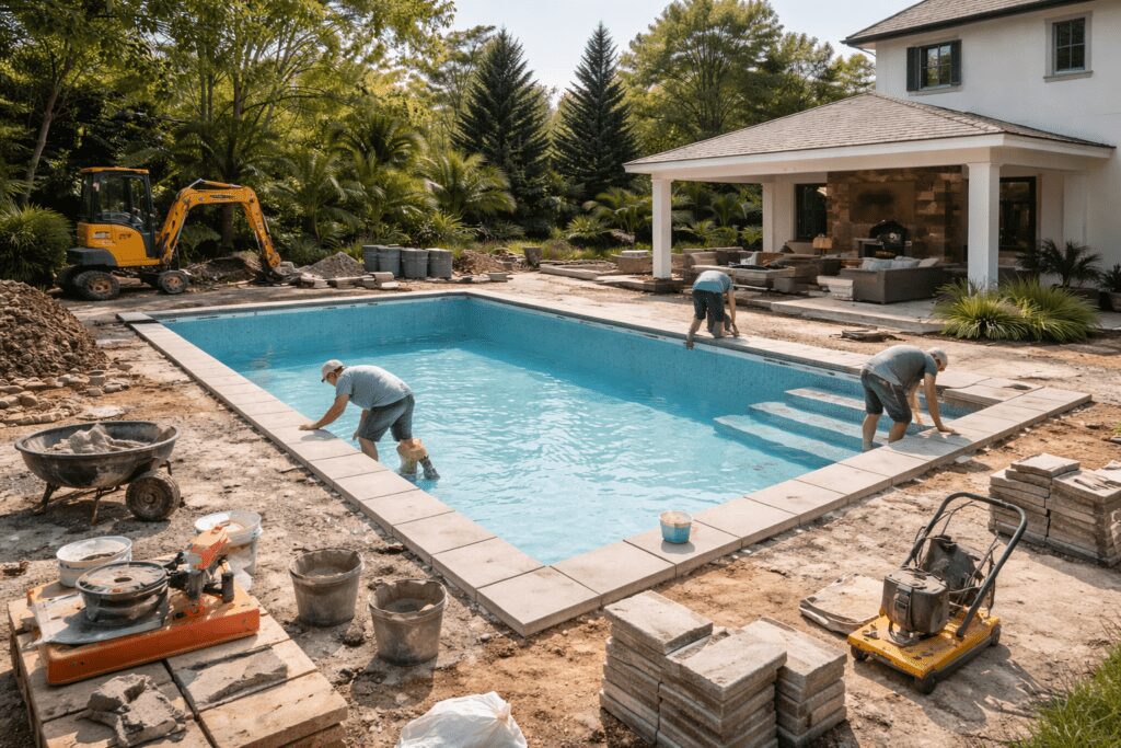 Workers renovating a backyard swimming pool.