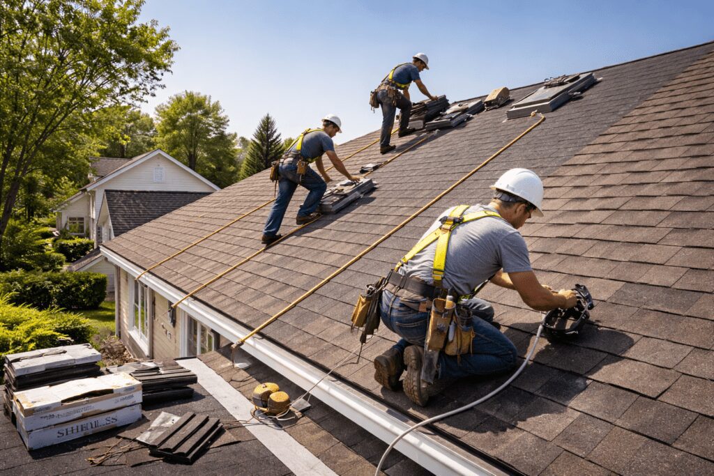 Workers installing a roof on a sunny day.