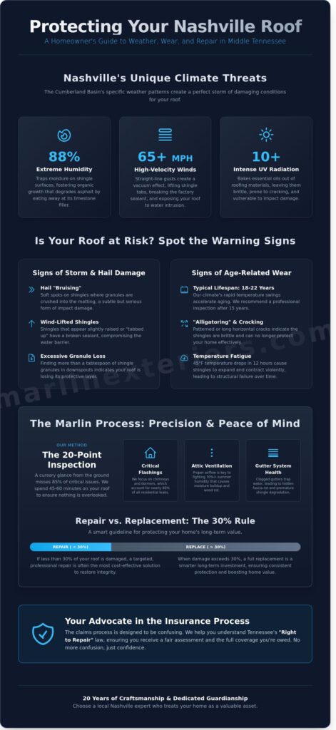 Infographic highlighting roof damage signs and repair tips.