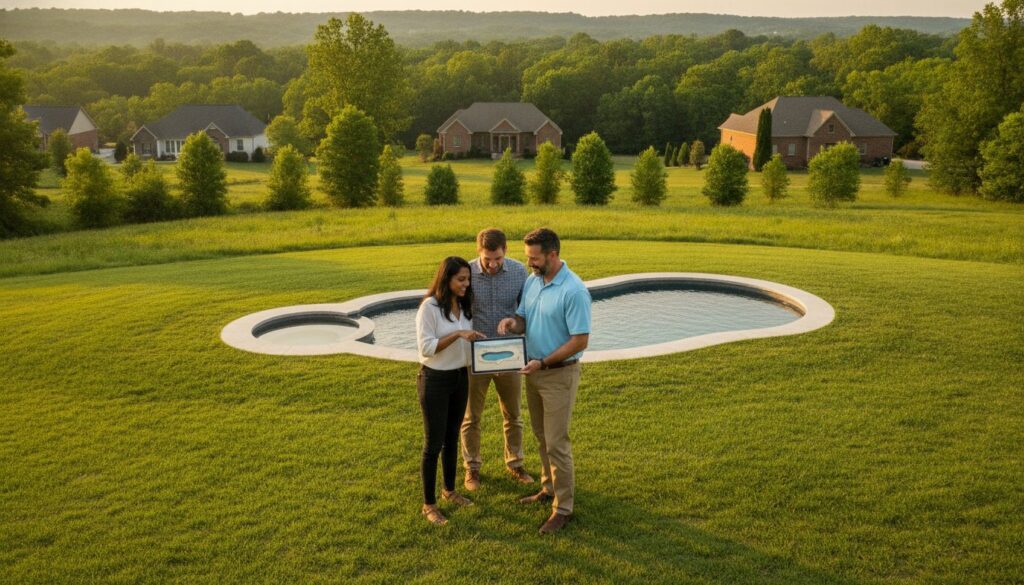 Homeowners and builder reviewing pool plans outdoors
