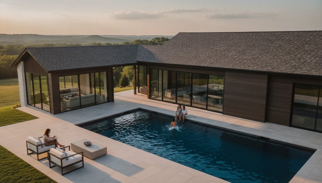 Modern house with pool and patio seating
